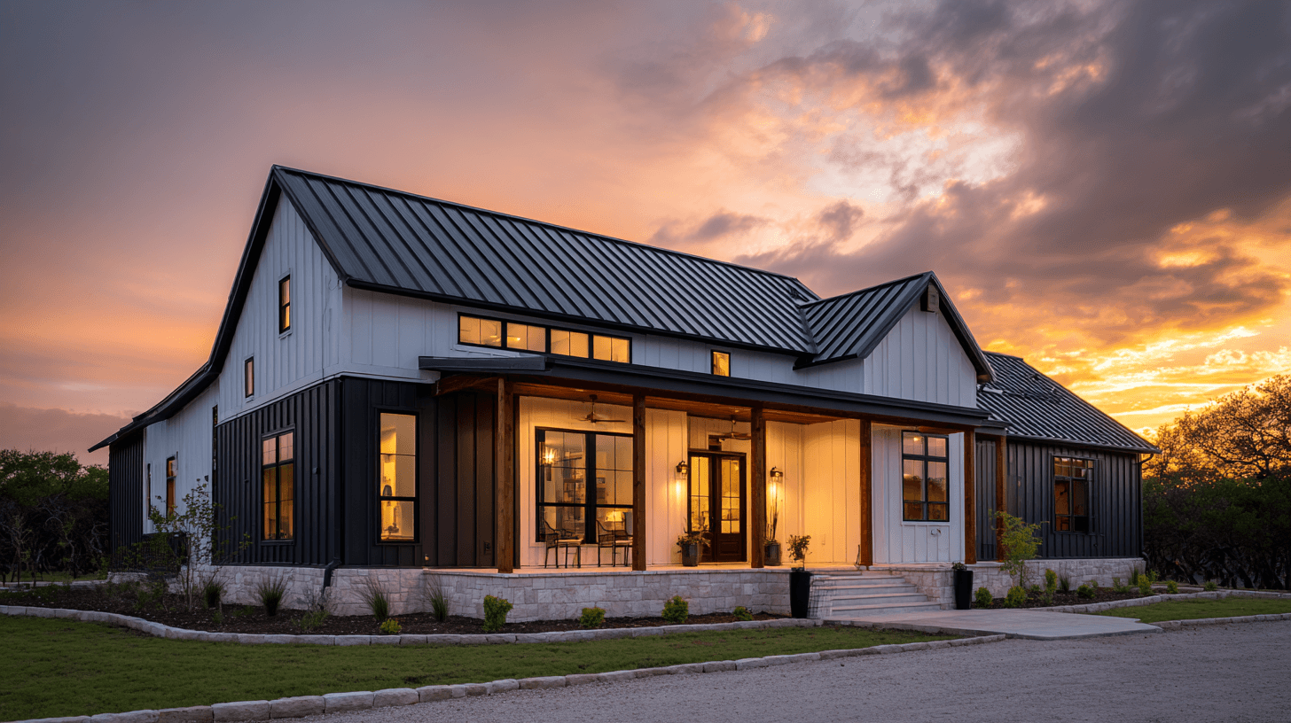 Barndominium exterior with steel frame construction